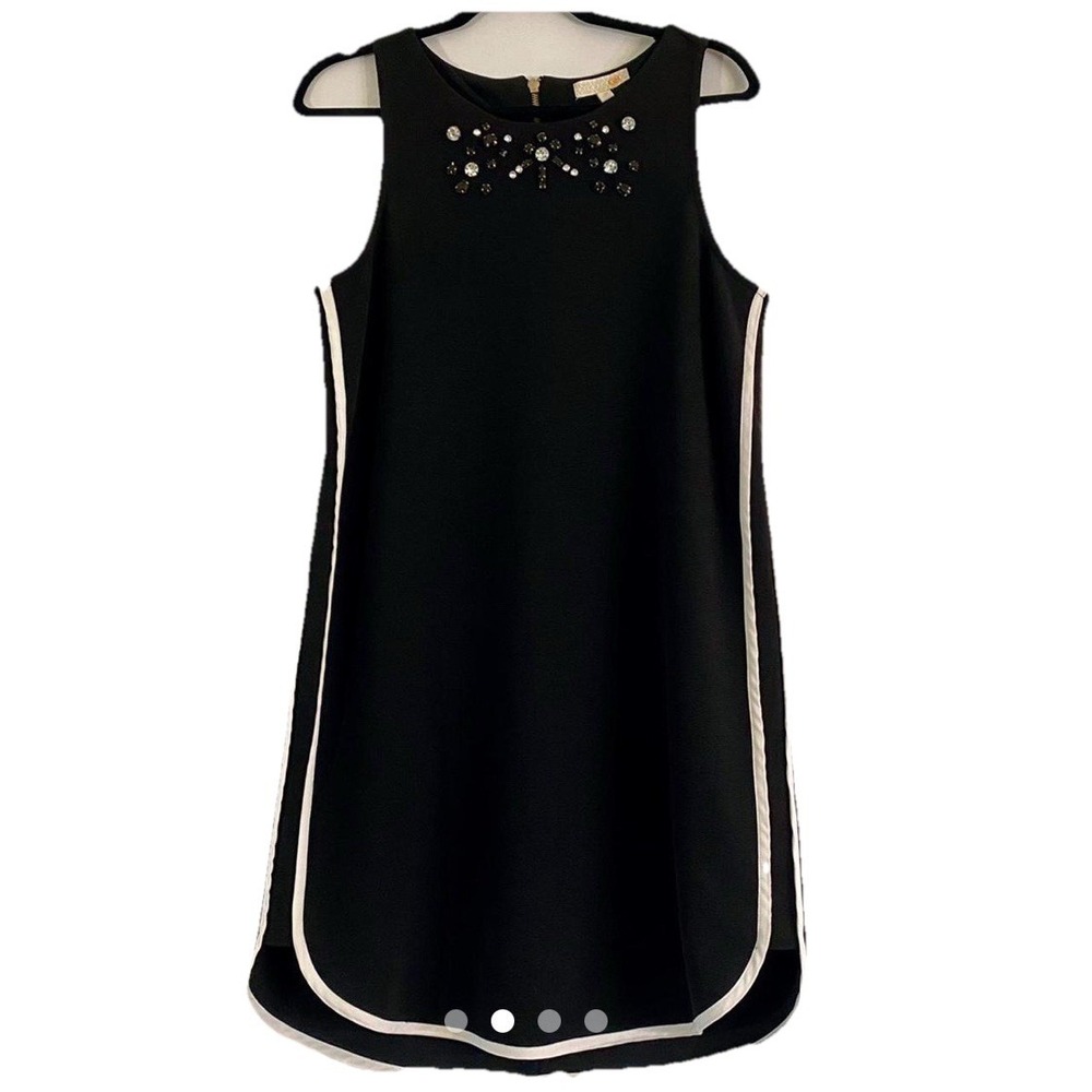 Black Dress w rhinestones embellished neckline sporty‎ stripes PTP 20"